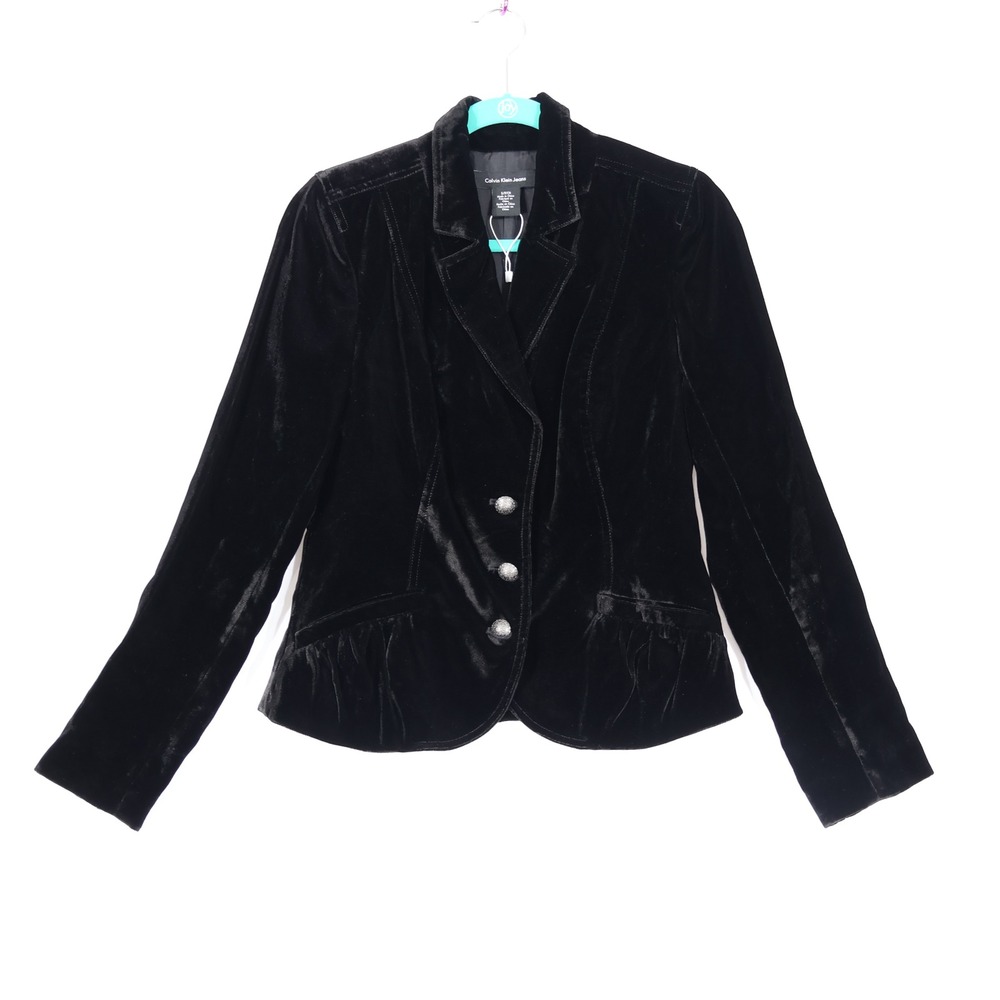 Calvin Klein Jeans Velvet Blazer Women Size S Black Ornate Button Holiday NWOT